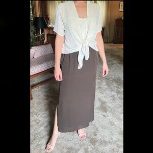 Feather-lite SIde-slit Mocha Brown Silk Crepe Pencil Skirt, Ivory Crepe Tie Top
